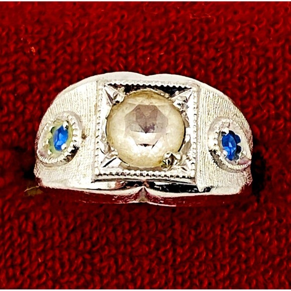 Vintage Sterling Silver Three Stone Signet Ring Sz 6 Simulated Sapphire - Picture 2 of 7